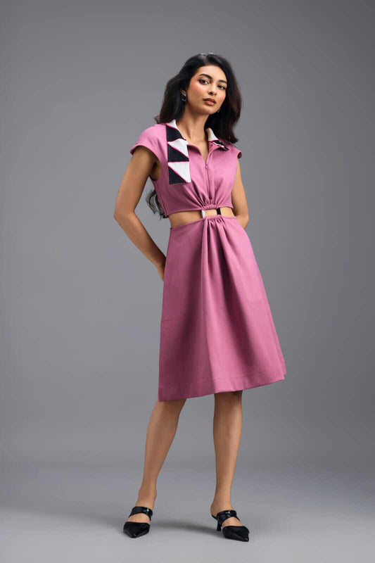 PINK FIT-AND-FLARE DRESS WITH NEON CONTRAST COLLAR