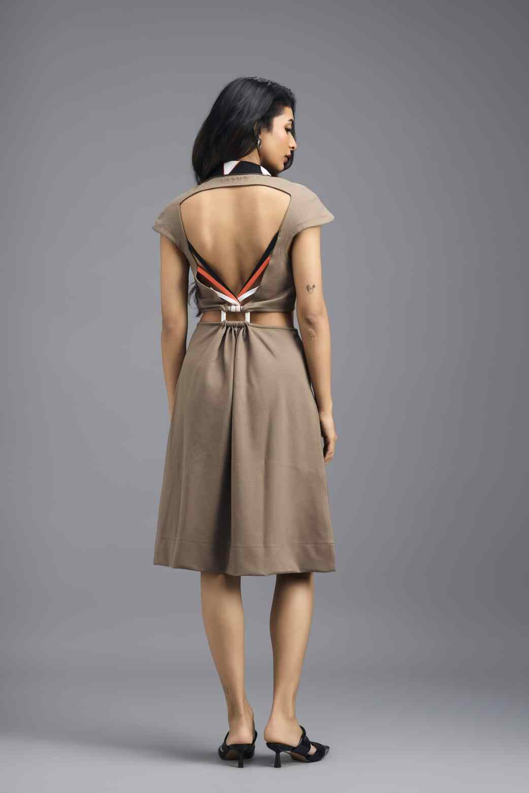 MUD FIT-AND-FLARE DRESS WITH NEON CONTRAST COLLAR