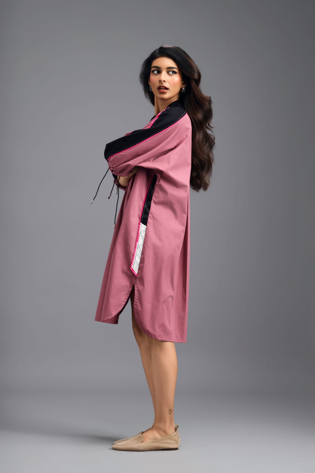 PINK OVERSIZED BOXY DRESS WITH NEON CONTRAST STRIPE