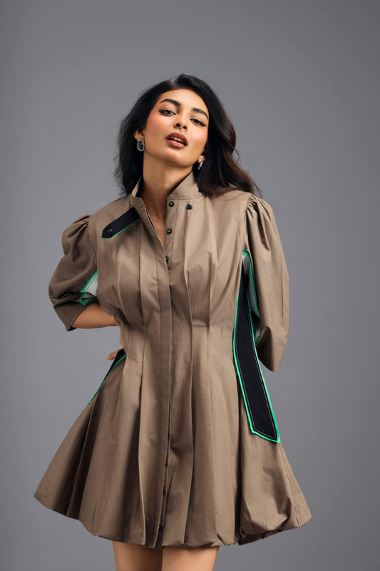 MUD PLEATED MINI DRESS WITH NEON PANELLED SIDE DETAIL AND BUBBLE HEM