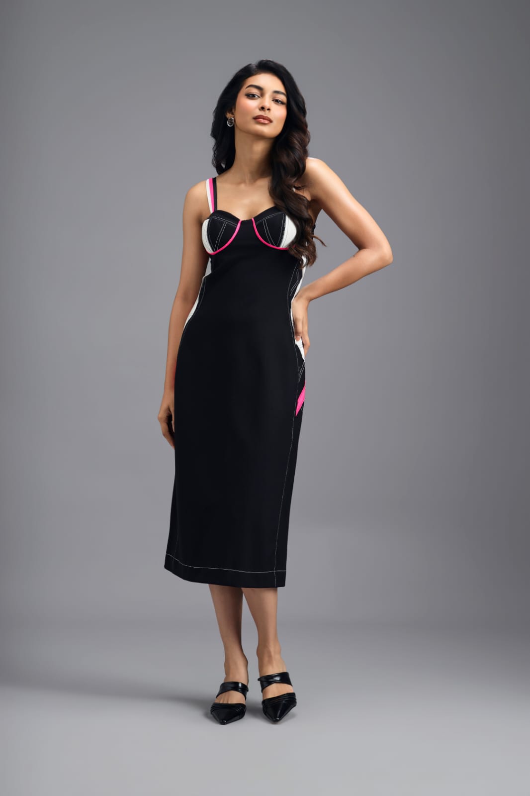 BLACK ASYMMETRIC MIDI DRESS WITH CONTRAST PINK BUSTIER AND RUFFLE HEM