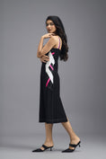 Load image into Gallery viewer, BLACK ASYMMETRIC MIDI DRESS WITH CONTRAST PINK BUSTIER AND RUFFLE HEM
