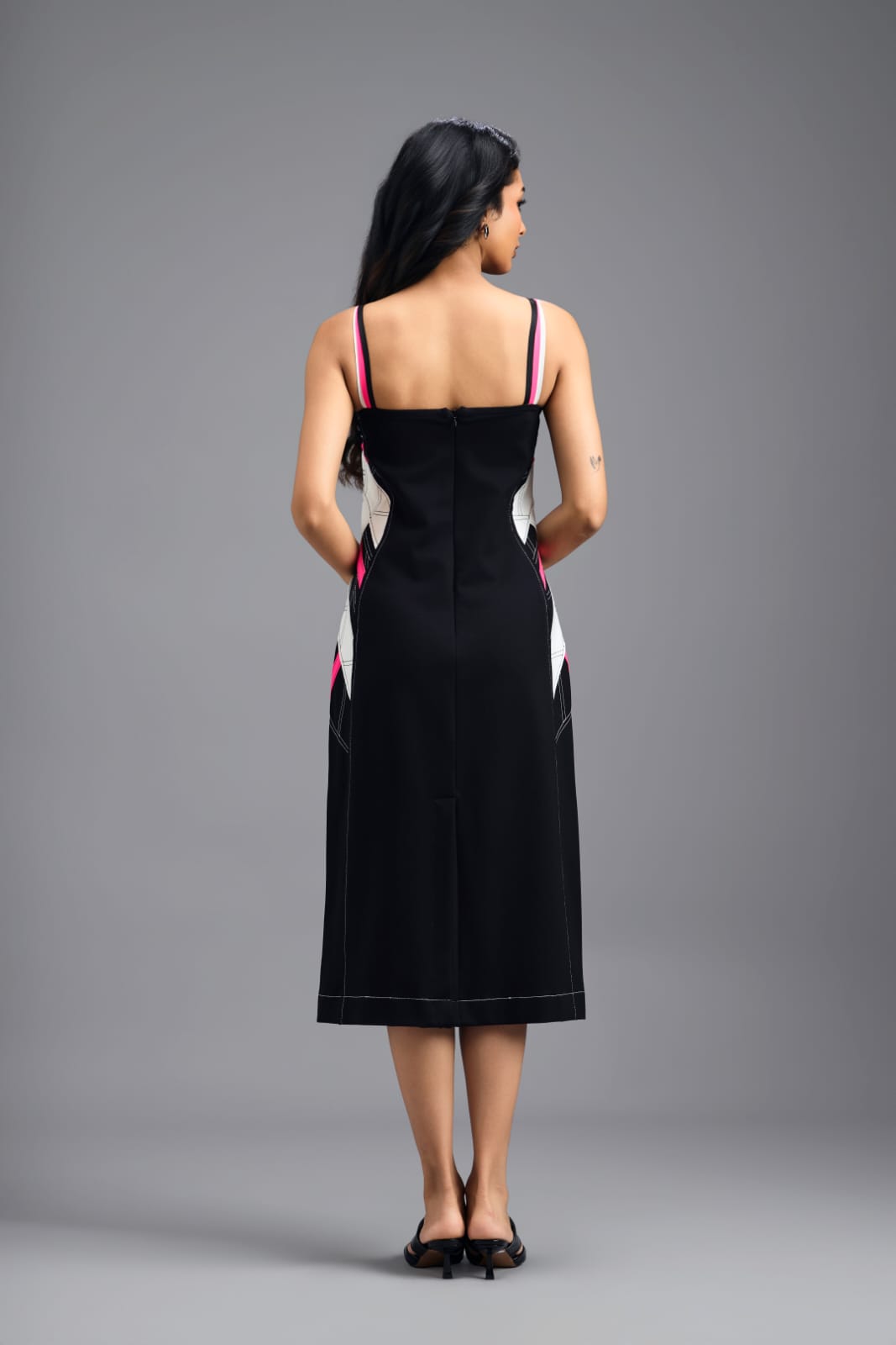 BLACK ASYMMETRIC MIDI DRESS WITH CONTRAST PINK BUSTIER AND RUFFLE HEM