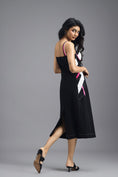 Load image into Gallery viewer, BLACK ASYMMETRIC MIDI DRESS WITH CONTRAST PINK BUSTIER AND RUFFLE HEM
