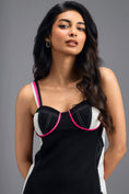 Load image into Gallery viewer, BLACK ASYMMETRIC MIDI DRESS WITH CONTRAST PINK BUSTIER AND RUFFLE HEM
