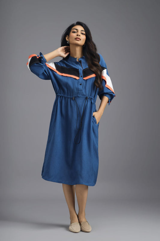 BLUE RELAXED FIT MIDI DRESS WITH NEON CONTRAST PANEL DETAIL