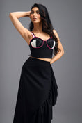 Load image into Gallery viewer, BLACK CO-ORD SET WITH NEON PIPED CORSET TOP AND ASYMMETRIC RUFFLE SKIRT
