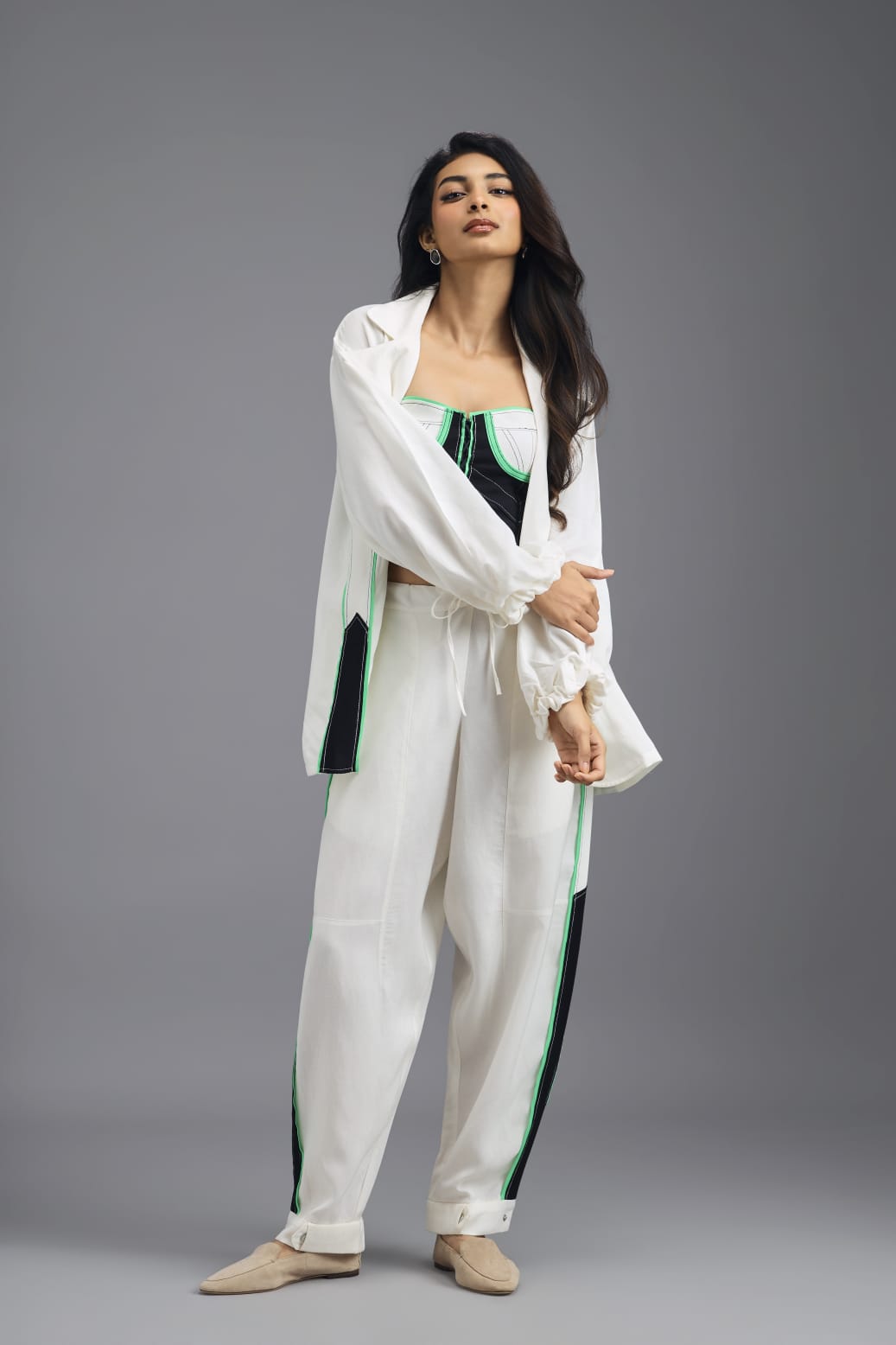 WHITE CO-ORD SET WITH NEON GEOMETRIC BUSTIER AND CONTRAST STRIPE DETAIL