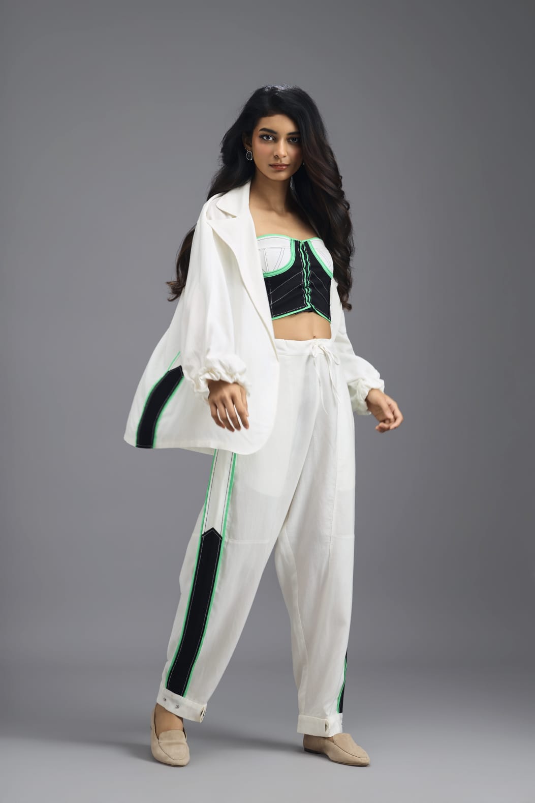 WHITE CO-ORD SET WITH NEON GEOMETRIC BUSTIER AND CONTRAST STRIPE DETAIL