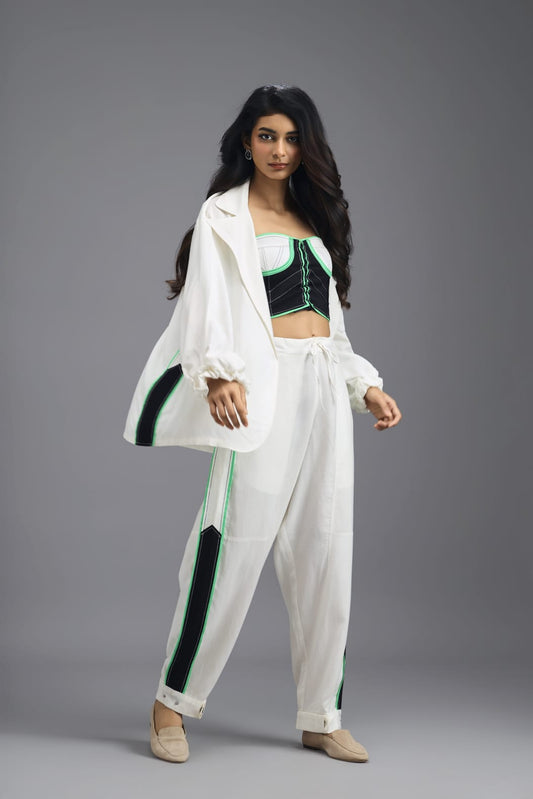 WHITE CO-ORD SET WITH NEON GEOMETRIC BUSTIER AND CONTRAST STRIPE DETAIL