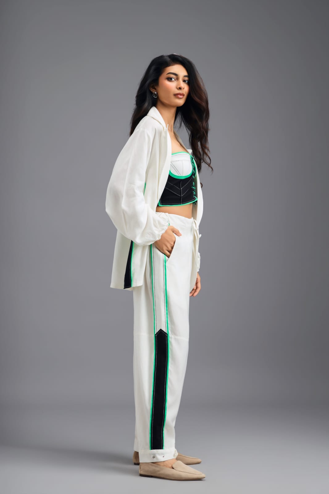 WHITE CO-ORD SET WITH NEON GEOMETRIC BUSTIER AND CONTRAST STRIPE DETAIL