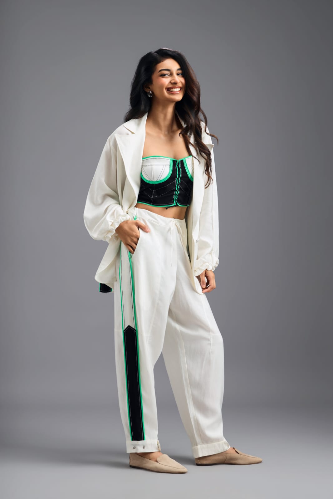 WHITE JACKET WITH NEON GEOMETRIC BUSTIER