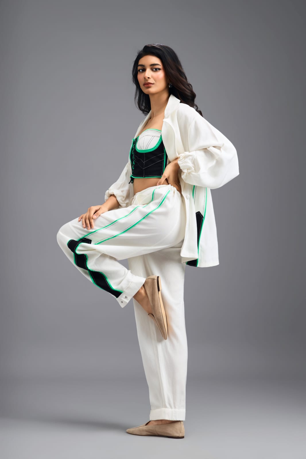 WHITE CO-ORD SET WITH NEON GEOMETRIC BUSTIER AND CONTRAST STRIPE DETAIL