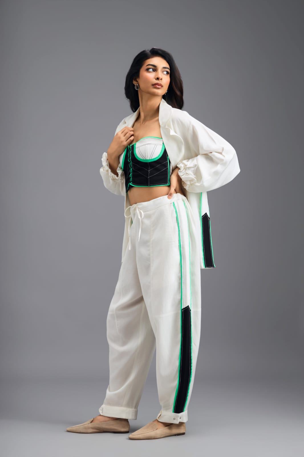 WHITE CO-ORD SET WITH NEON GEOMETRIC BUSTIER AND CONTRAST STRIPE DETAIL
