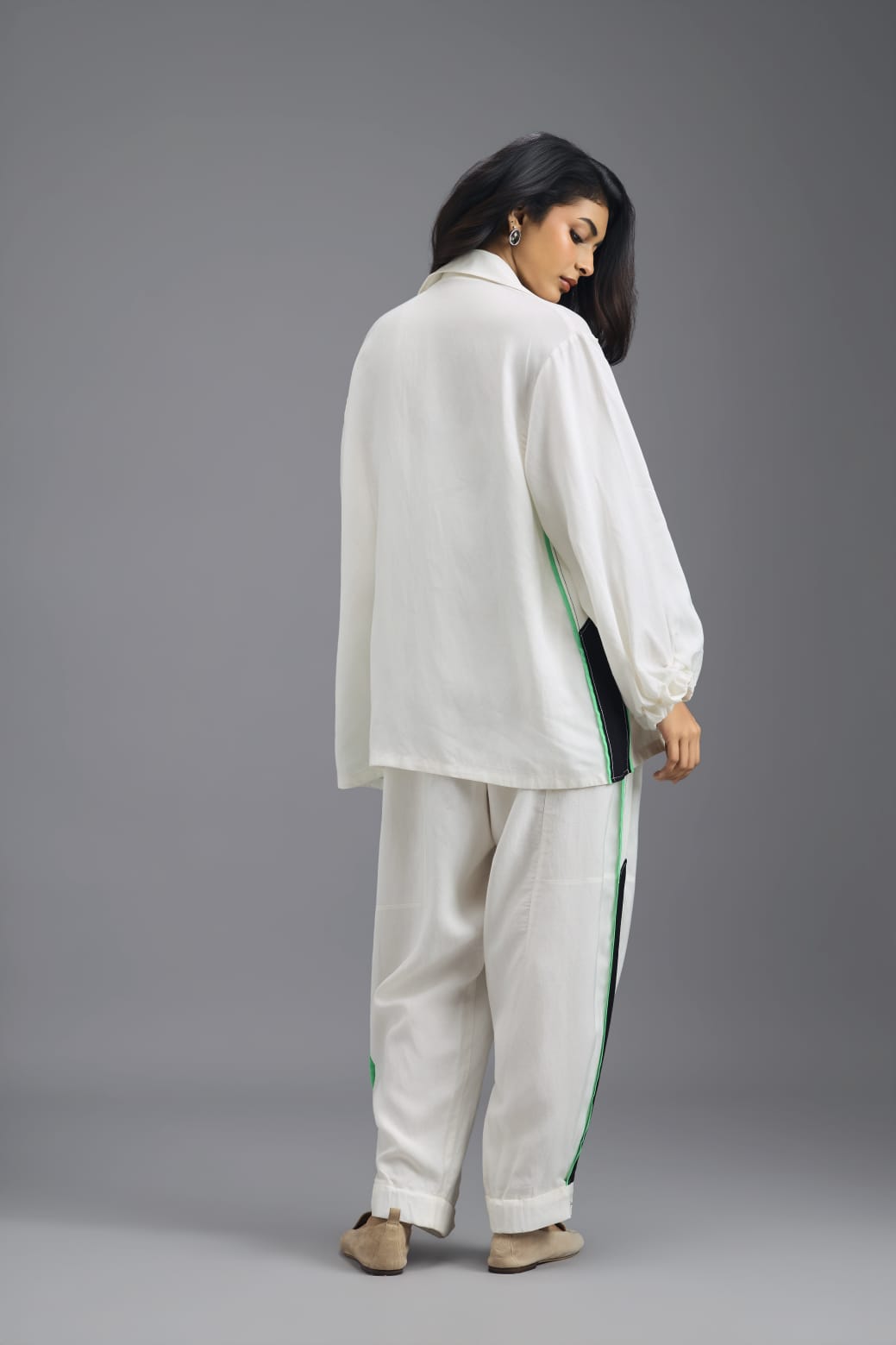 WHITE CO-ORD SET WITH NEON GEOMETRIC BUSTIER AND CONTRAST STRIPE DETAIL