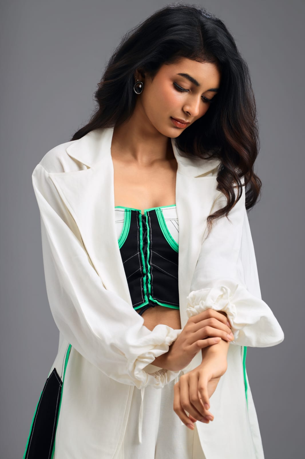 WHITE JACKET WITH NEON GEOMETRIC BUSTIER