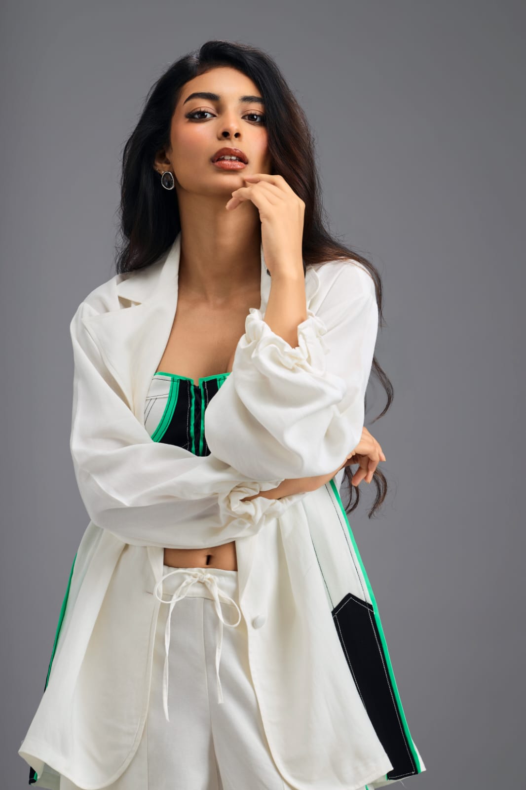 WHITE CO-ORD SET WITH NEON GEOMETRIC BUSTIER AND CONTRAST STRIPE DETAIL