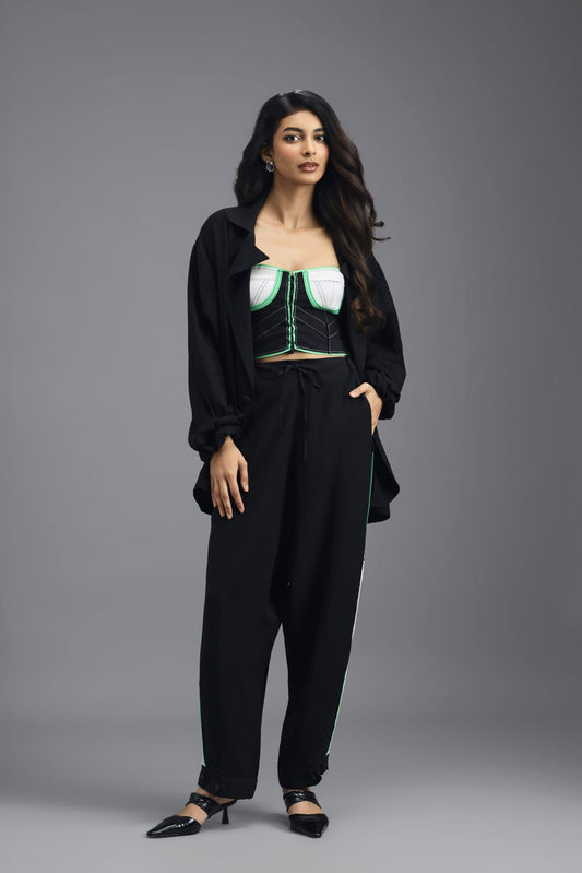 BLACK CO-ORD SET WITH NEON GEOMETRIC BUSTIER AND CONTRAST STRIPE DETAIL