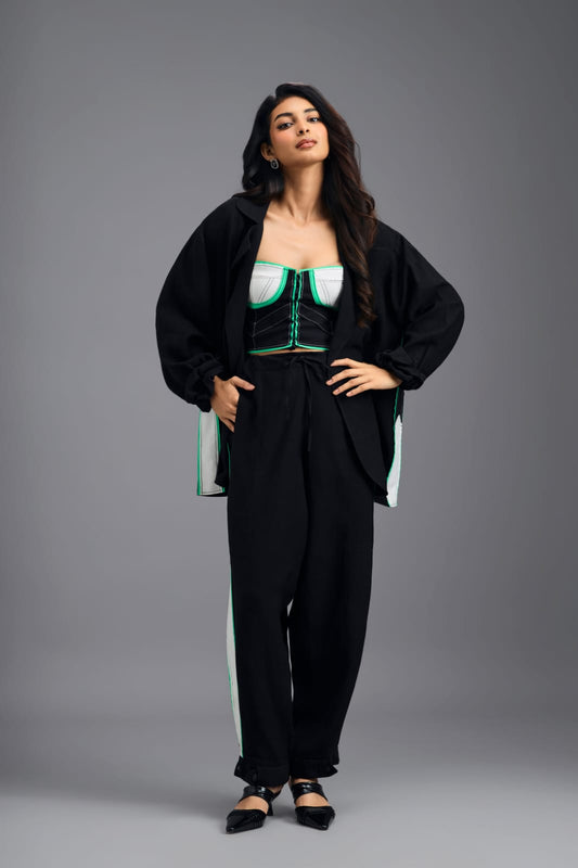 BLACK CO-ORD SET WITH NEON GEOMETRIC BUSTIER AND CONTRAST STRIPE DETAIL