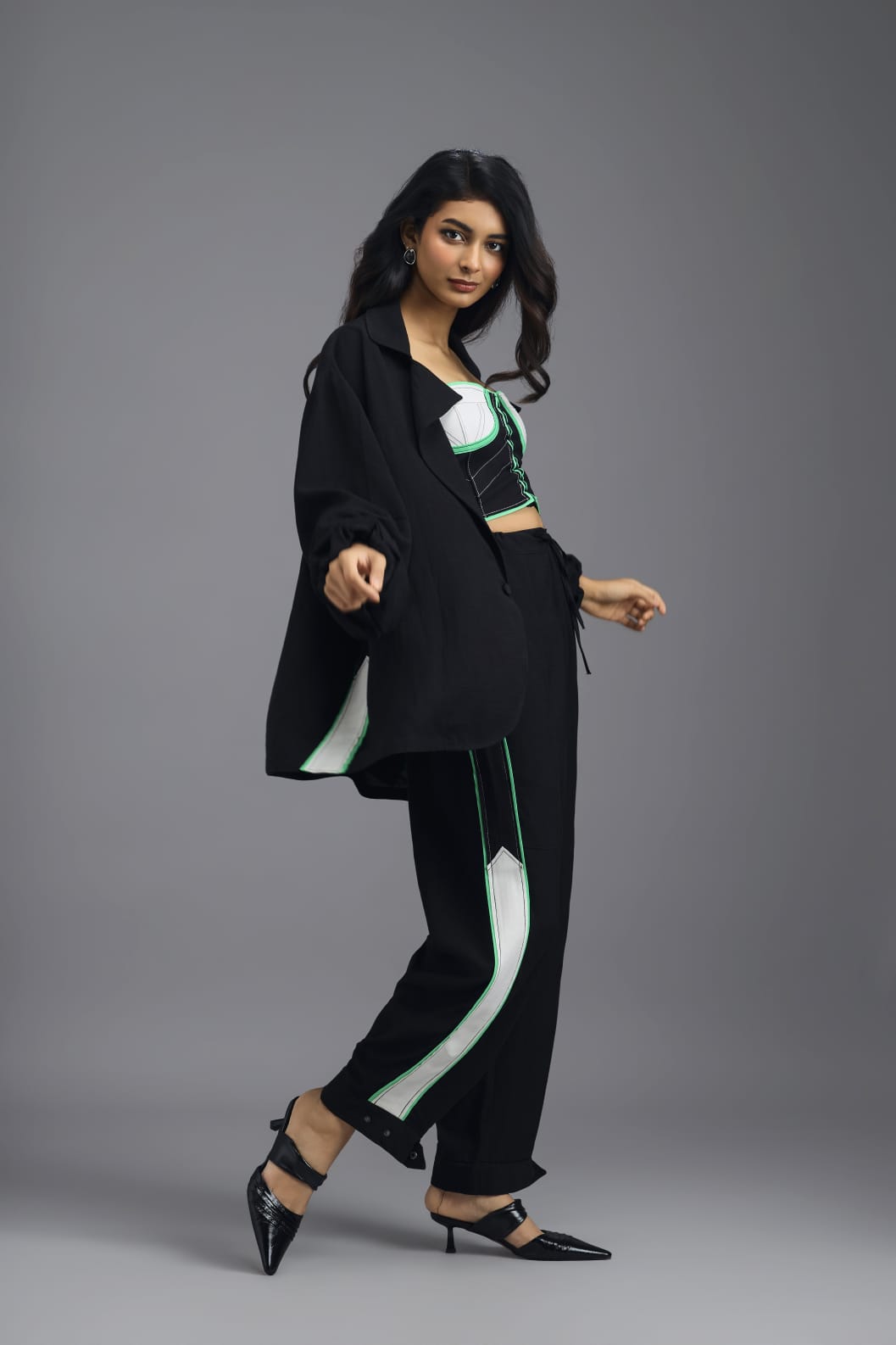 BLACK TAILORED PANTS WITH NEON CONTRAST SIDE STRIPE