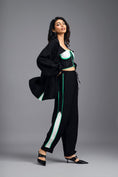 Load image into Gallery viewer, BLACK CO-ORD SET WITH NEON GEOMETRIC BUSTIER AND CONTRAST STRIPE DETAIL
