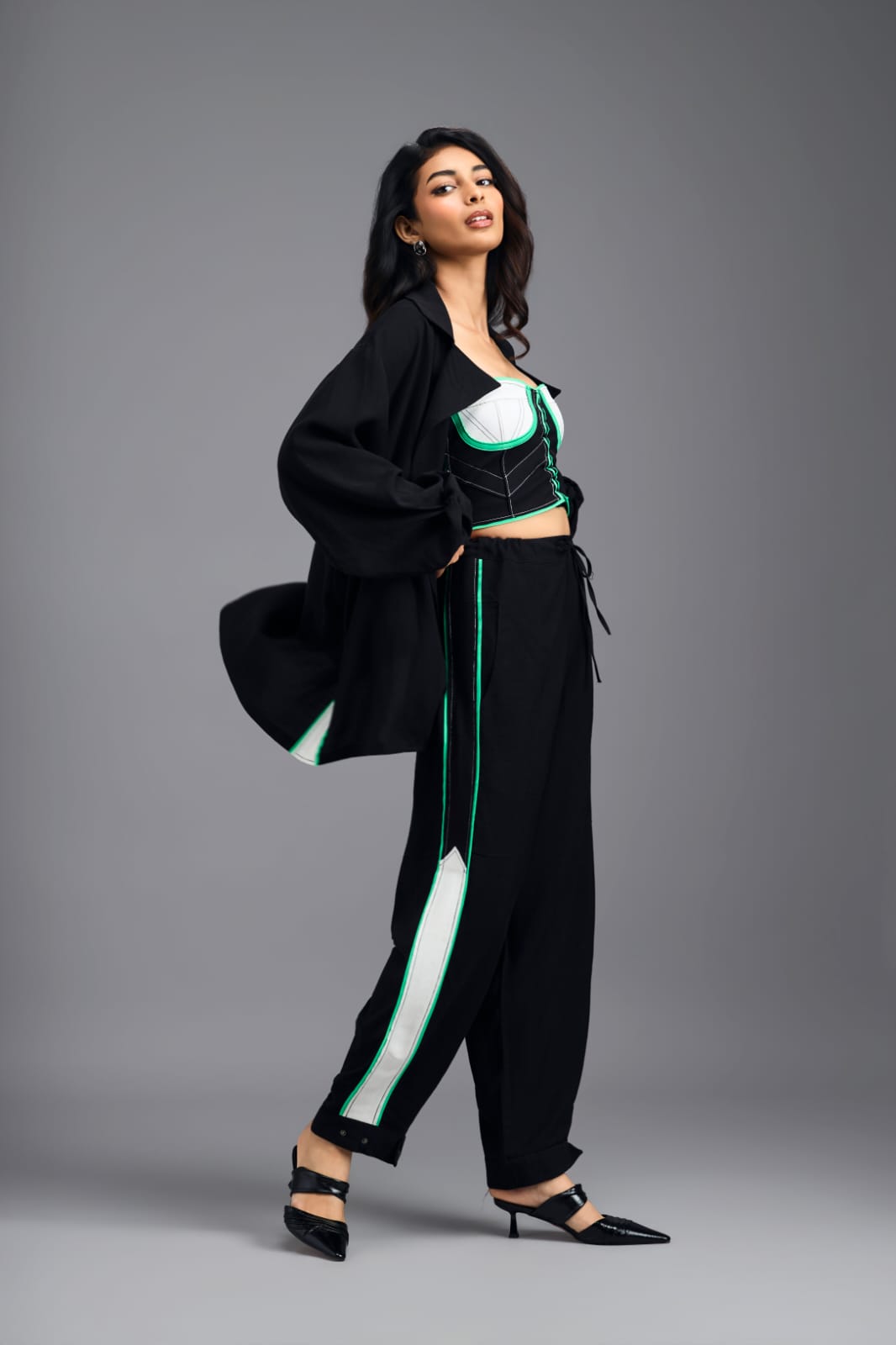 BLACK TAILORED PANTS WITH NEON CONTRAST SIDE STRIPE