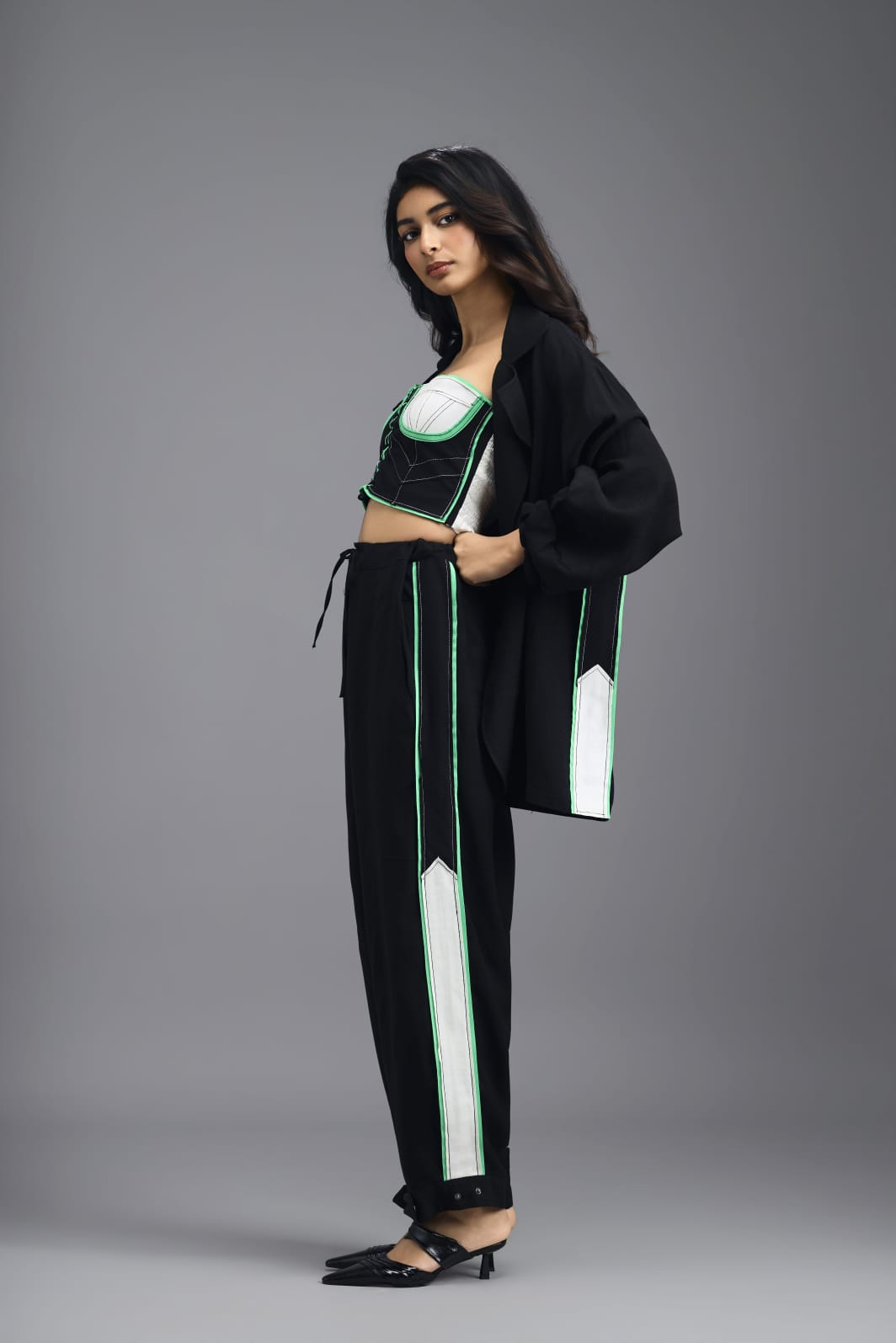 BLACK TAILORED PANTS WITH NEON CONTRAST SIDE STRIPE