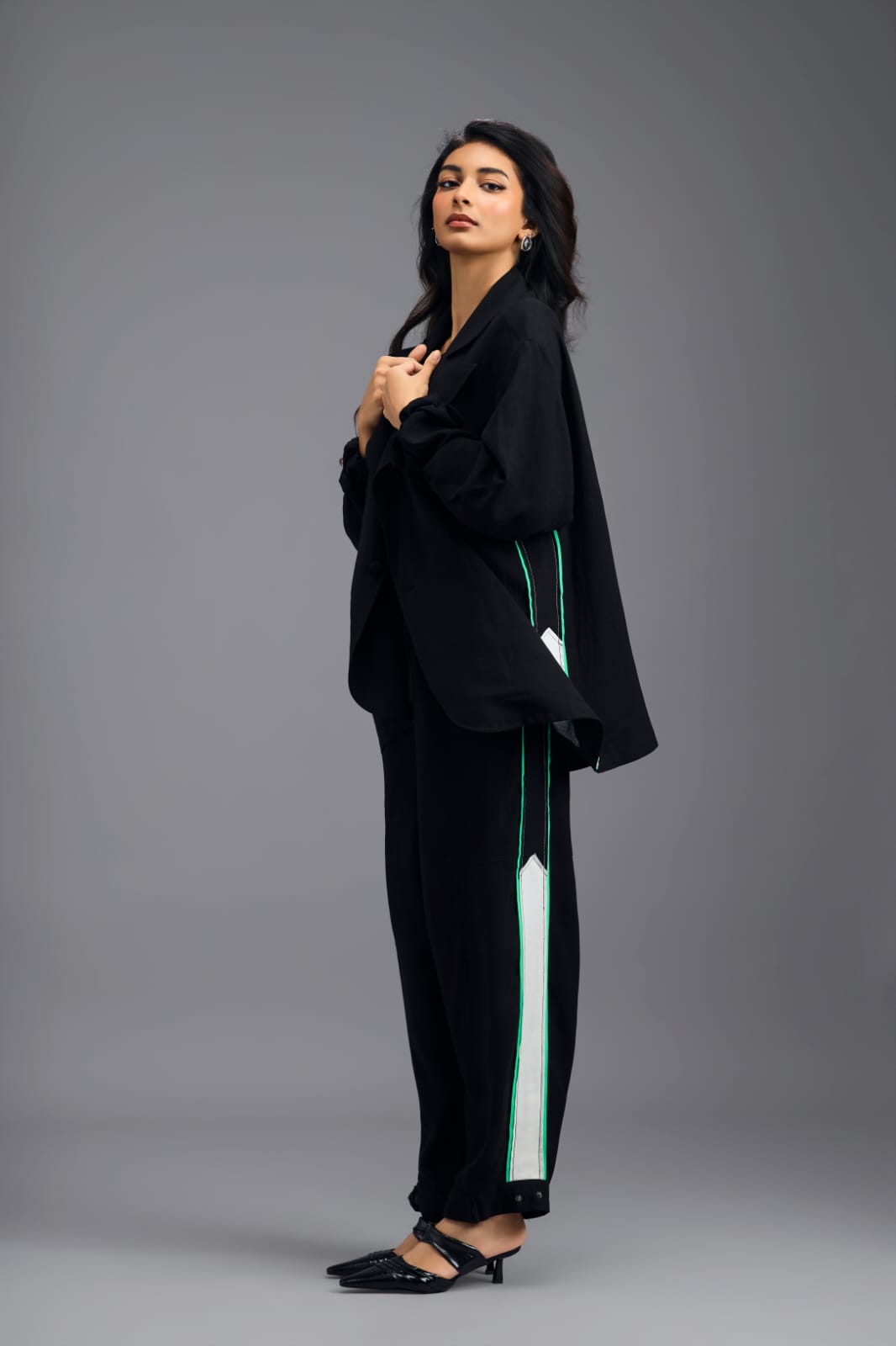 BLACK CO-ORD SET WITH NEON GEOMETRIC BUSTIER AND CONTRAST STRIPE DETAIL