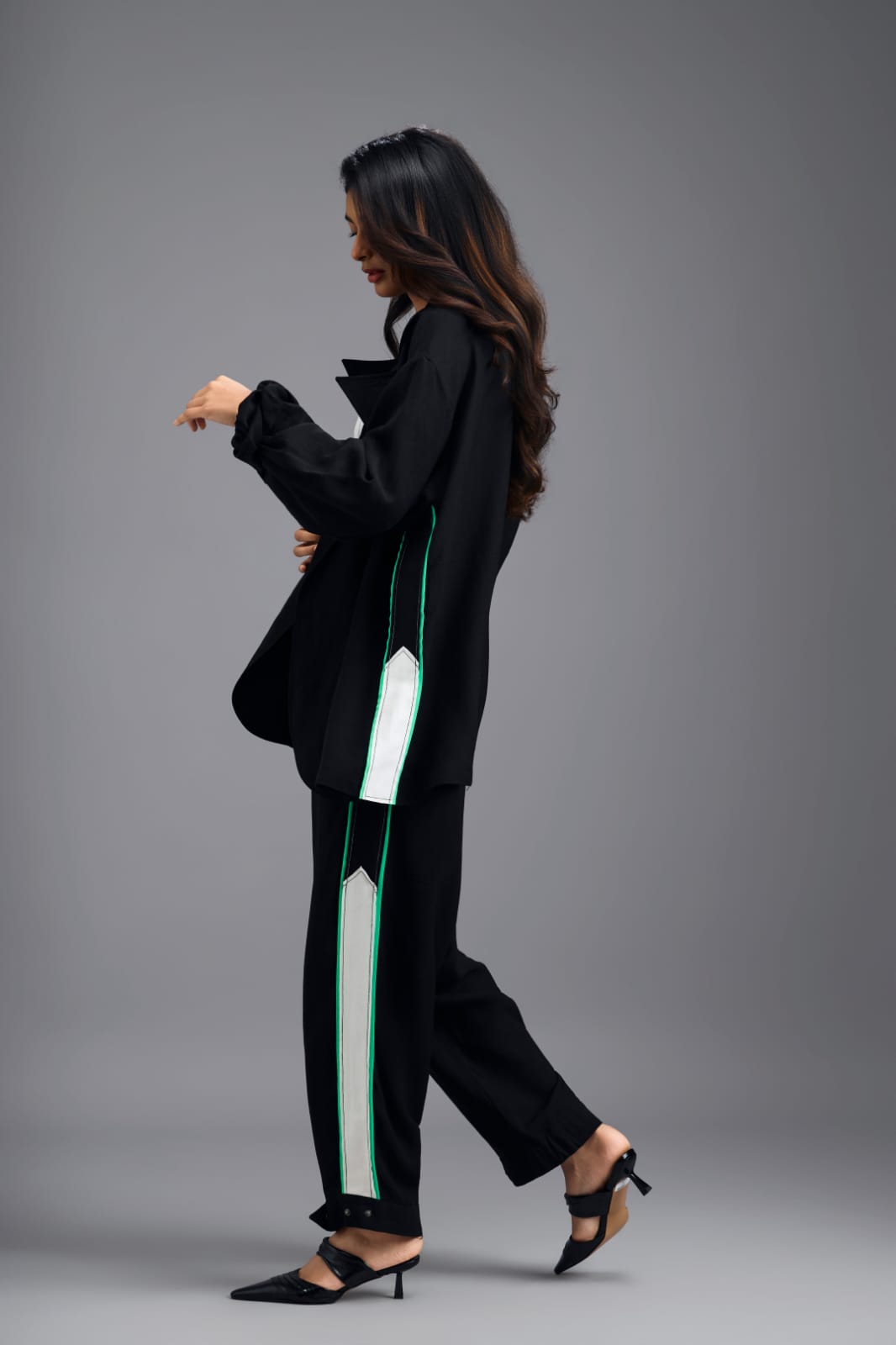 BLACK JACKET WITH NEON GEOMETRIC BUSTIER