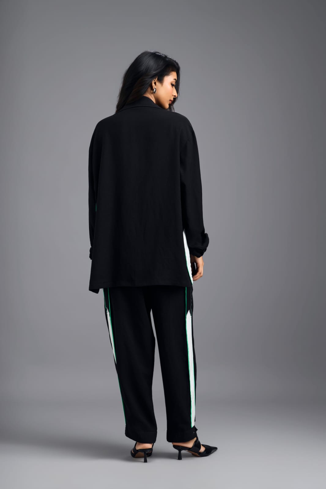 BLACK TAILORED PANTS WITH NEON CONTRAST SIDE STRIPE