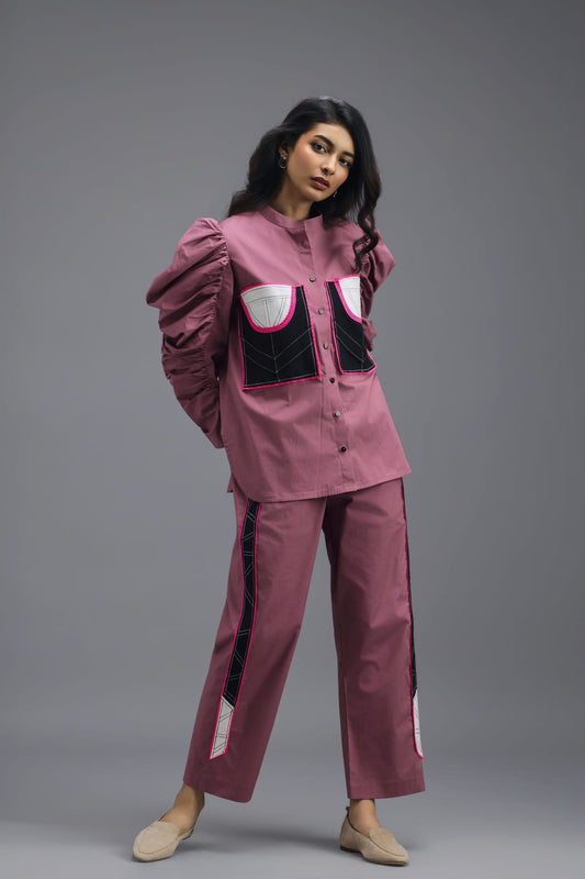 PINK CO-ORD SET WITH NEON GEOMETRIC PANEL DETAIL, BRALETTE AND ELASTICATED PANTS