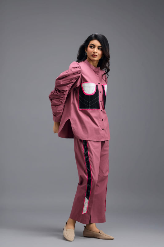 PINK CO-ORD SET WITH NEON GEOMETRIC PANEL DETAIL, BRALETTE AND ELASTICATED PANTS