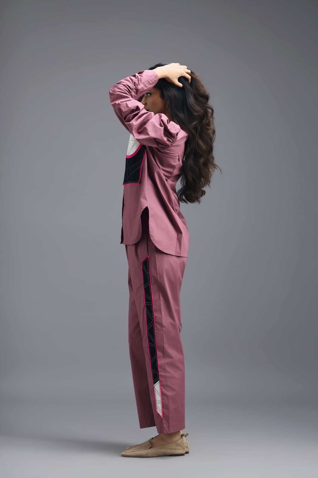 PINK CO-ORD SET WITH NEON GEOMETRIC PANEL DETAIL, BRALETTE AND ELASTICATED PANTS