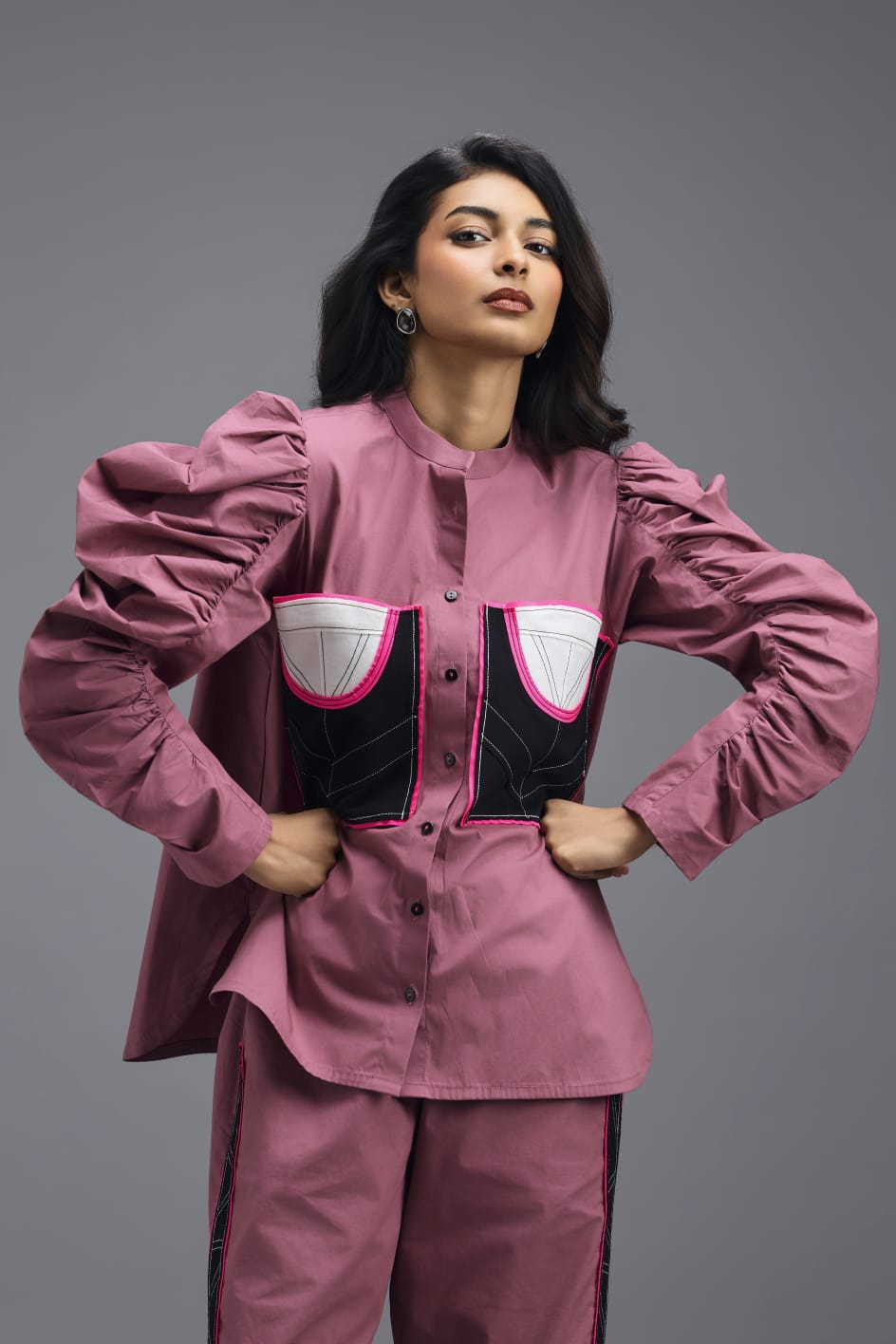 PINK SHIRT WITH CROPPED BRALETTE AND NEON GEOMETRIC PANEL DETAIL