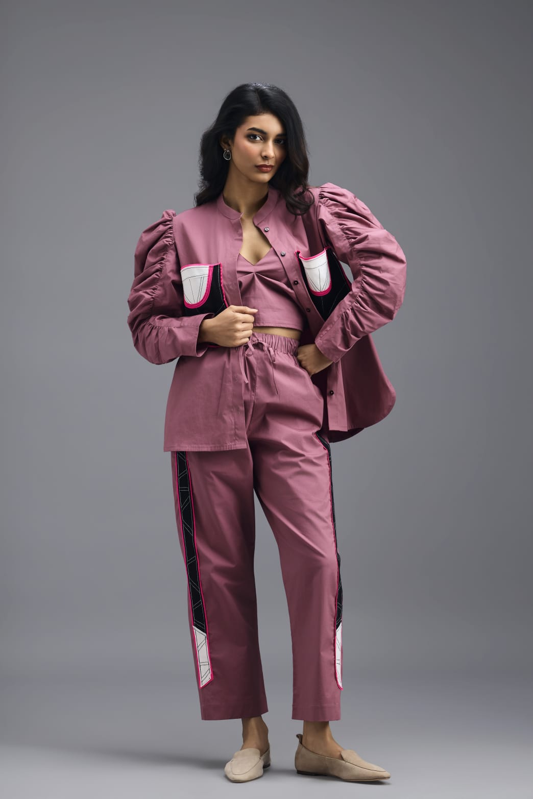 PINK SHIRT WITH CROPPED BRALETTE AND NEON GEOMETRIC PANEL DETAIL