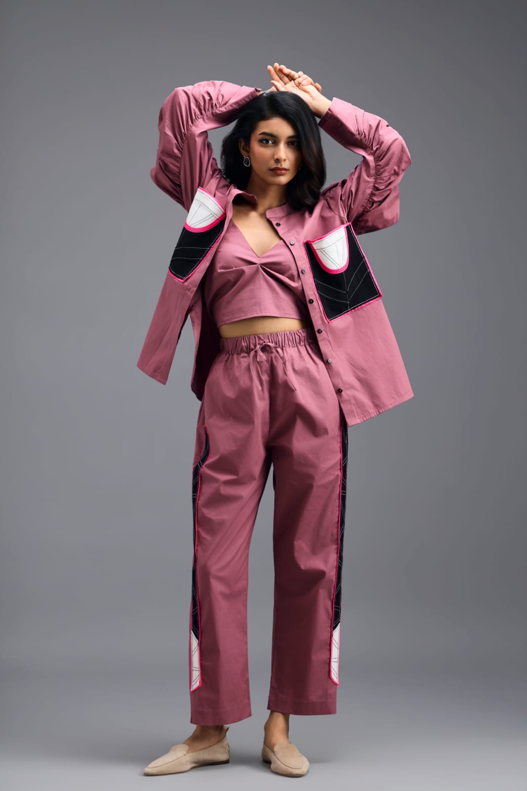 PINK SHIRT WITH CROPPED BRALETTE AND NEON GEOMETRIC PANEL DETAIL