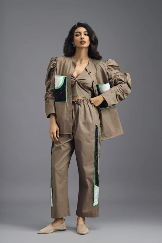 MUD CO-ORD SET WITH NEON GEOMETRIC PANEL DETAIL, BRALETTE AND ELASTICATED PANTS