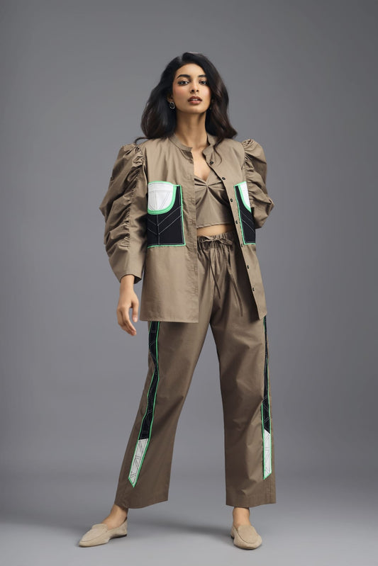 MUD CO-ORD SET WITH NEON GEOMETRIC PANEL DETAIL, BRALETTE AND ELASTICATED PANTS