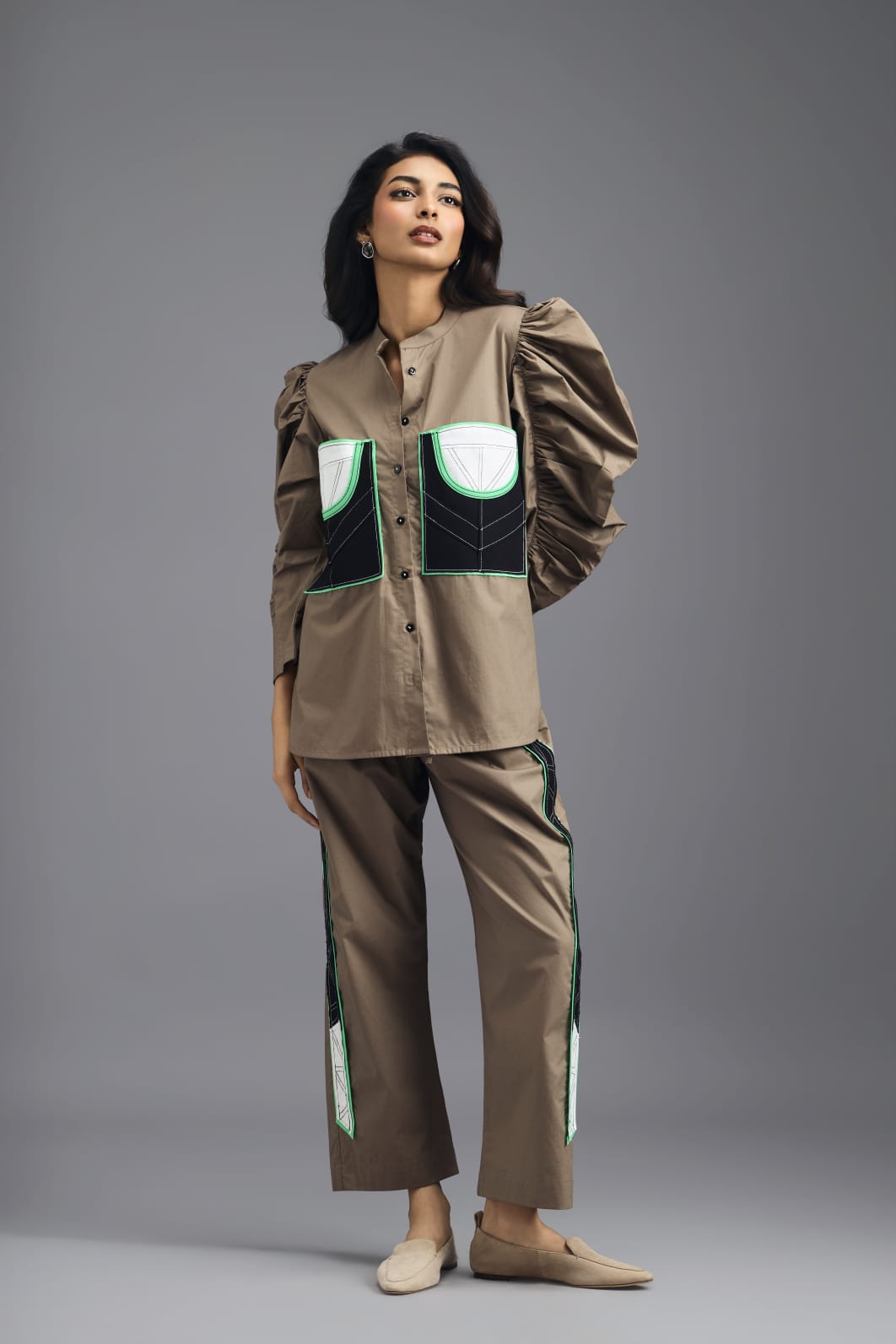 MUD SHIRT WITH CROPPED BRALETTE AND NEON GEOMETRIC PANEL DETAIL