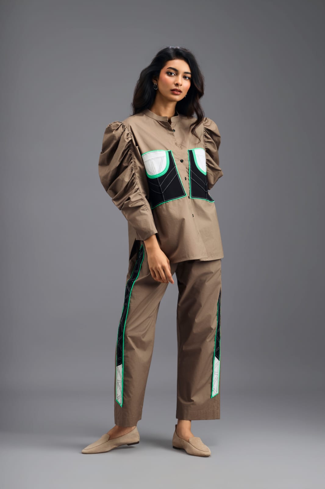 MUD TAILORED PANTS WITH NEON GEOMETRIC POCKET PANEL DETAIL