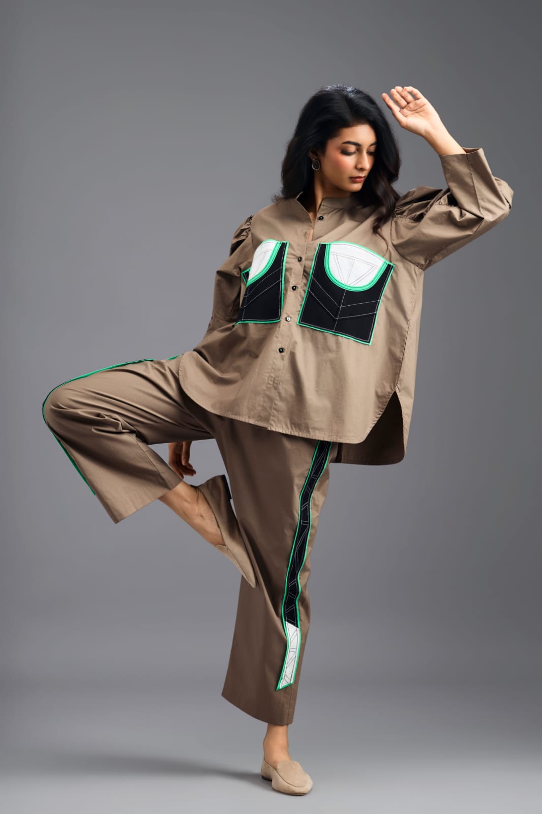 MUD SHIRT WITH CROPPED BRALETTE AND NEON GEOMETRIC PANEL DETAIL