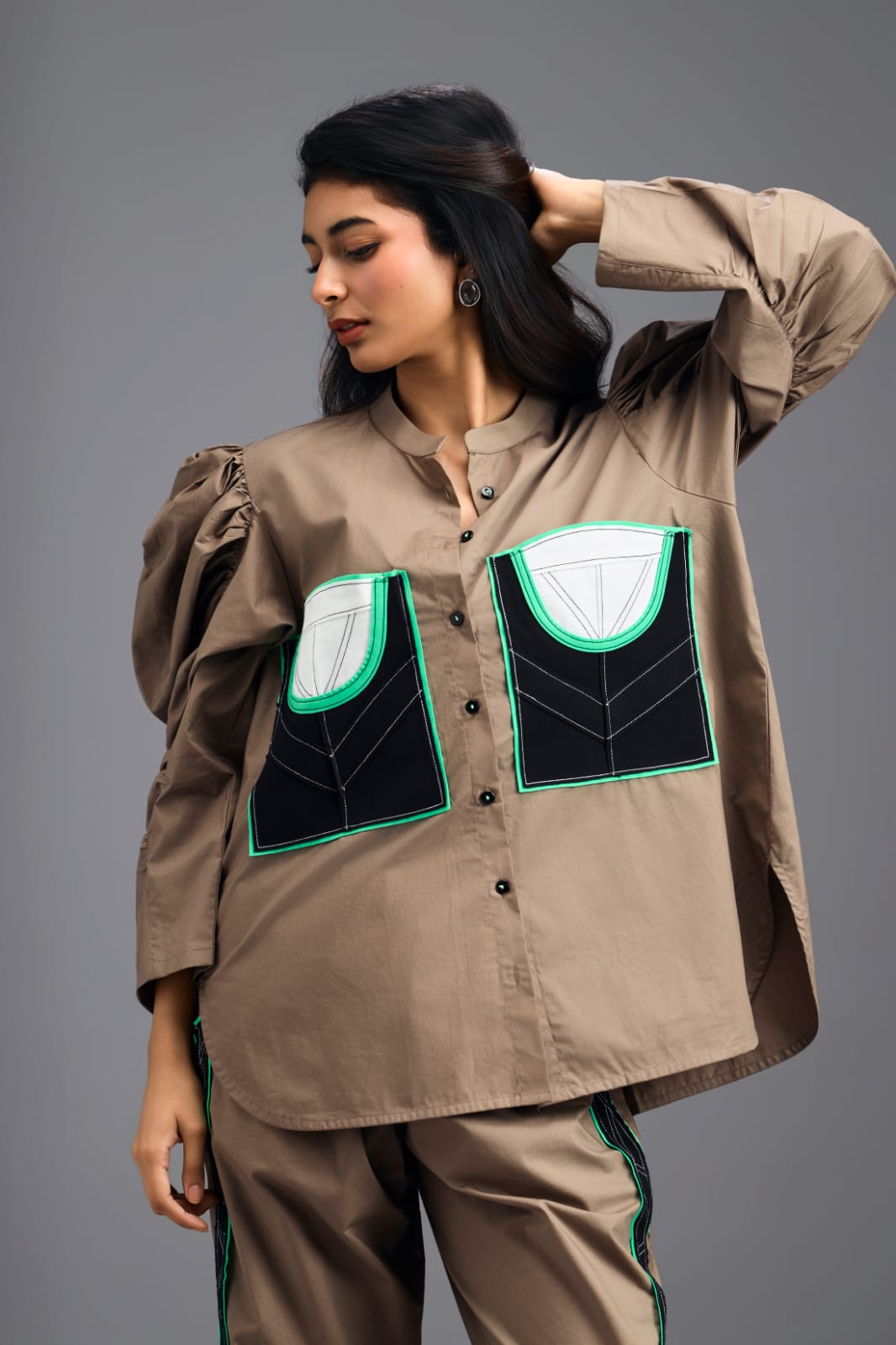 MUD SHIRT WITH CROPPED BRALETTE AND NEON GEOMETRIC PANEL DETAIL
