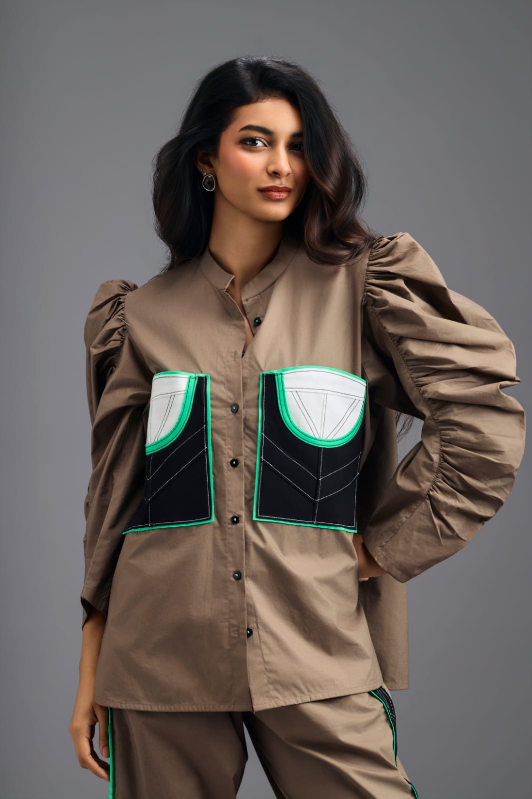 MUD SHIRT WITH CROPPED BRALETTE AND NEON GEOMETRIC PANEL DETAIL