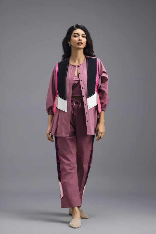 PINK CO-ORD SET WITH NEON GEOMETRIC PANEL DETAIL, BRALETTE AND STRAIGHT PANTS