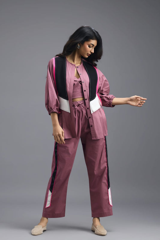 PINK CO-ORD SET WITH NEON GEOMETRIC PANEL DETAIL, BRALETTE AND STRAIGHT PANTS