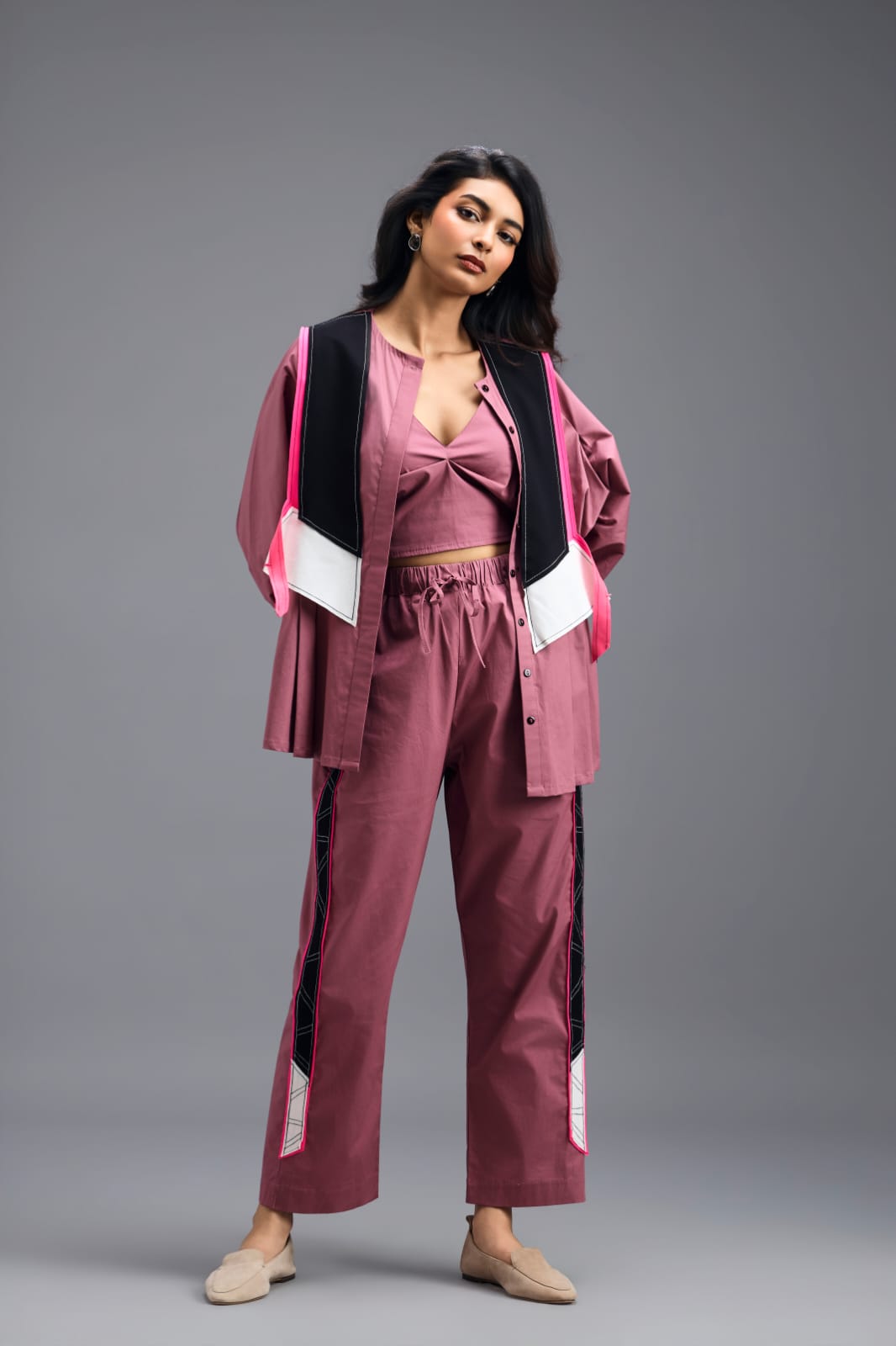 PINK SHIRT AND BRALETTE WITH NEON GEOMETRIC PANEL DETAIL