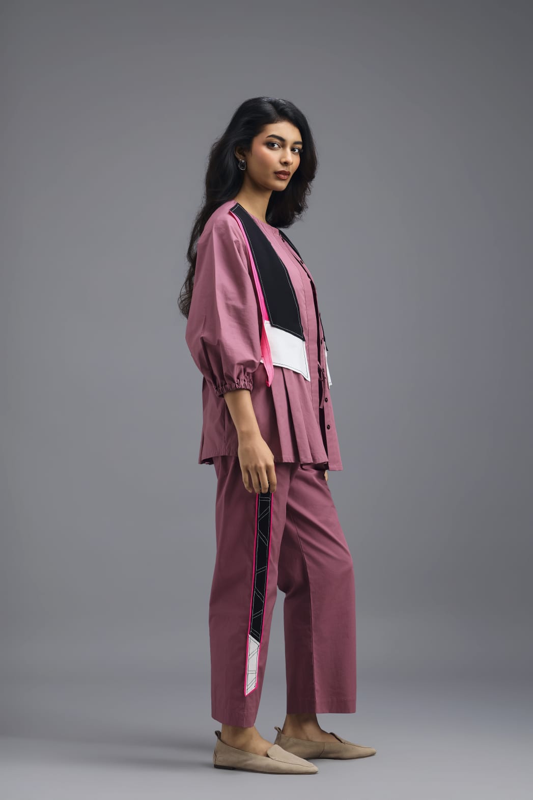 PINK CO-ORD SET WITH NEON GEOMETRIC PANEL DETAIL, BRALETTE AND STRAIGHT PANTS