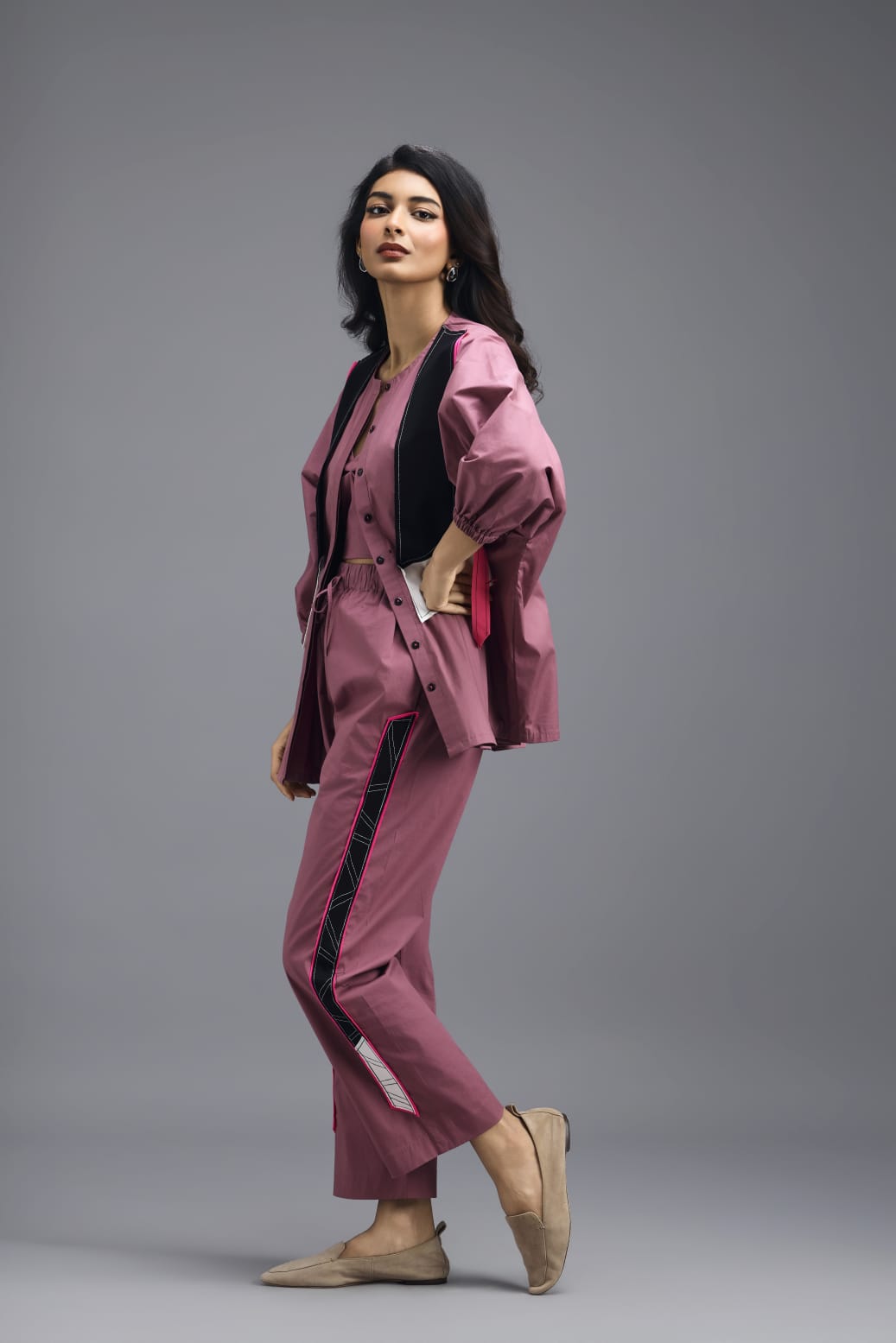 PINK TAILORED PANTS WITH NEON GEOMETRIC SIDE PANEL DETAIL