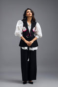 Load image into Gallery viewer, BLACK CO-ORD SET WITH NEON PANELLED VEST, PUFF-SLEEVE SHIRT AND TROUSERS
