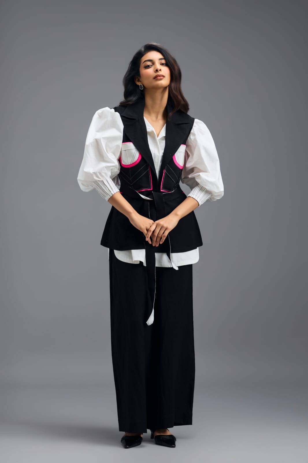 BLACK CO-ORD SET WITH NEON PANELLED VEST, PUFF-SLEEVE SHIRT AND TROUSERS